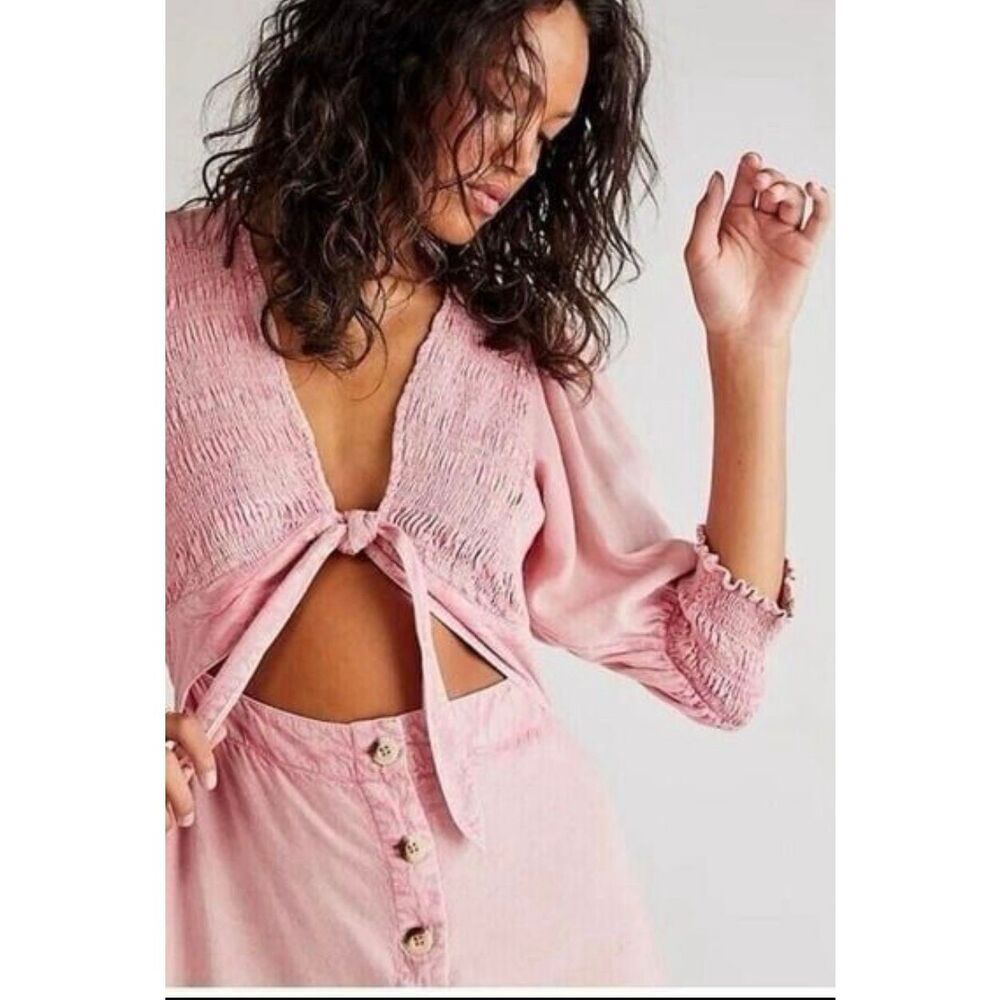 NWT Free People String Of Hearts Maxi Dress Smocked V Neck Buttondown size L - Picture 2 of 7